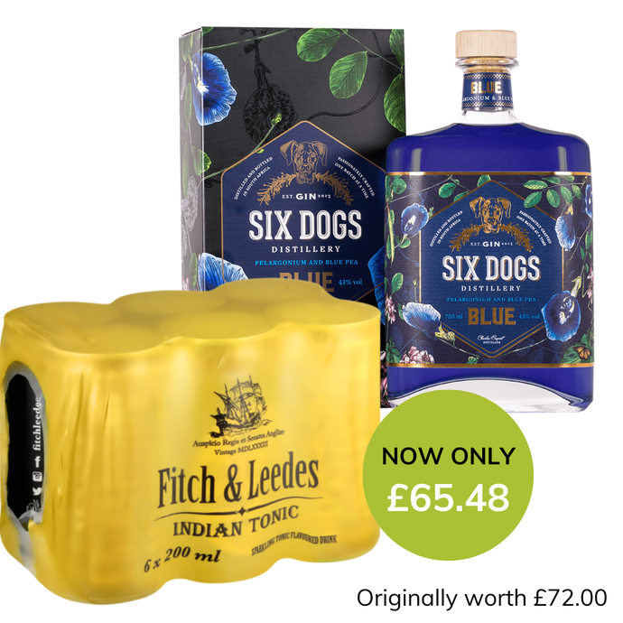 Six Dogs Gin Blue 700ml x Fitch & Leedes Indian Tonic 6 Pack Combo