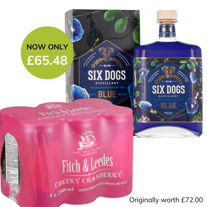 Six Dogs Gin Blue 700ml x Fitch & Leedes Cranberry Tonic 6 Pack Combo