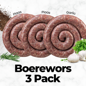 Boerewors Combo 3 x 500g packs (2 Plaaswors & 1 Garlic Boerewors)